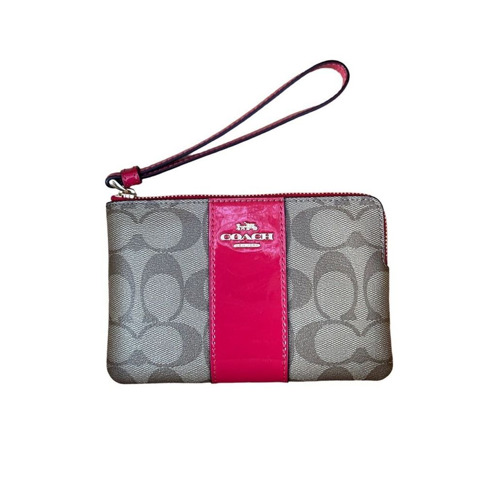 Coach coated canvas signature pink stripe clutch, wristlet nwot
